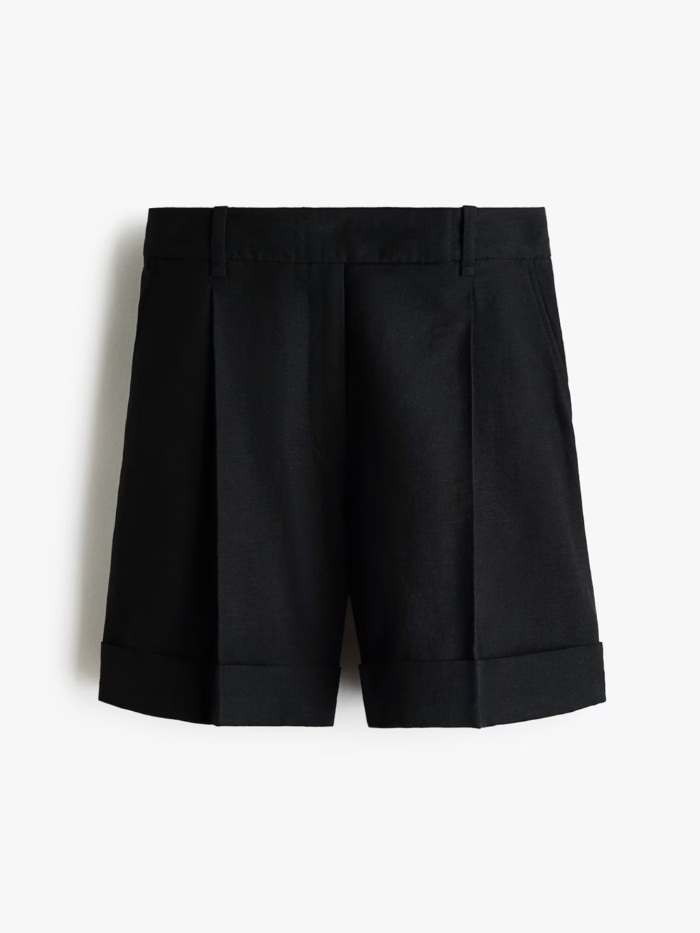 H&M Black High-Waist Pleated LINEN-BLEND SHORTS
